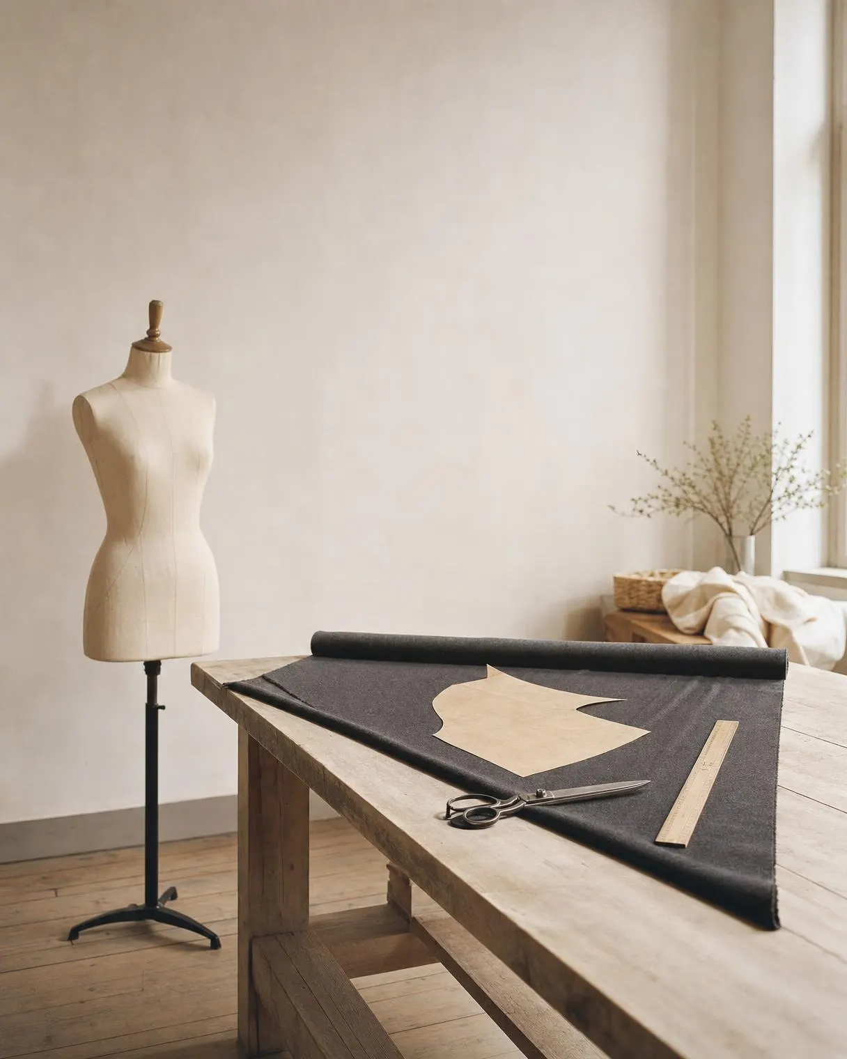 A quiet atelier: a cutting table with wool laid out, shears, a pattern piece and a calico mannequin.