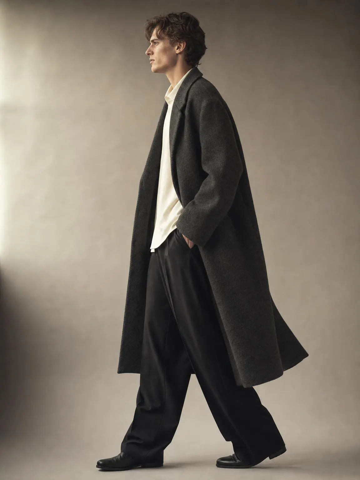 A long unstructured wool coat worn open over a plain shirt and wide trousers.